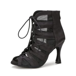 yyting women ballroom dance boots latin salsa dress shoes performance practice footwear 3.5 inch heel yt219(11, black)