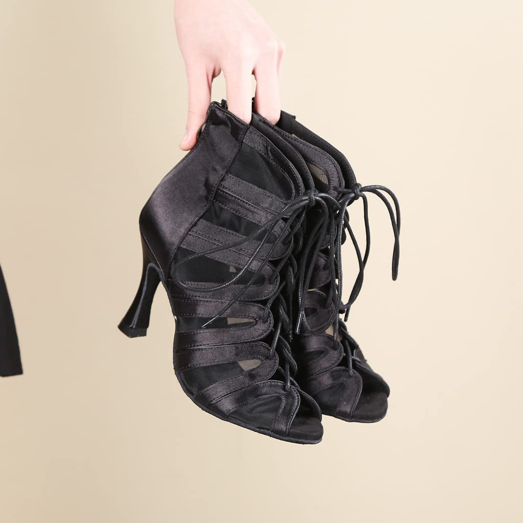 YYTing Women Ballroom Dance Boots Latin Salsa Dress Shoes Performance Practice Footwear 3.5 inch Heel YT219(11, Black)