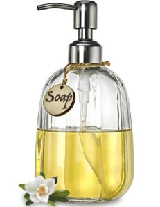 jasai 18oz floral soap dispenser with 304 rustproof stainless steel pump for bathroom, vintage kitchen soap dispenser with a wooden tag, cute round refillable soap dispenser for kitchen sink