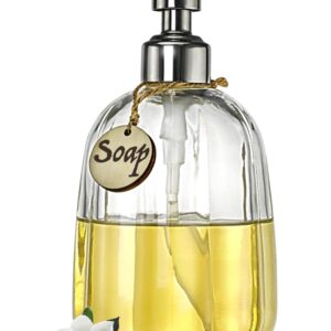 JASAI 18OZ Floral Soap Dispenser with 304 Rustproof Stainless Steel Pump for Bathroom, Vintage Kitchen Soap Dispenser with A Wooden Tag, Cute Round Refillable Soap Dispenser for Kitchen Sink