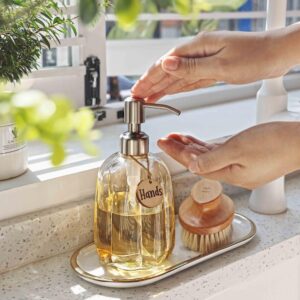 JASAI 18OZ Floral Soap Dispenser with 304 Rustproof Stainless Steel Pump for Bathroom, Vintage Kitchen Soap Dispenser with A Wooden Tag, Cute Round Refillable Soap Dispenser for Kitchen Sink