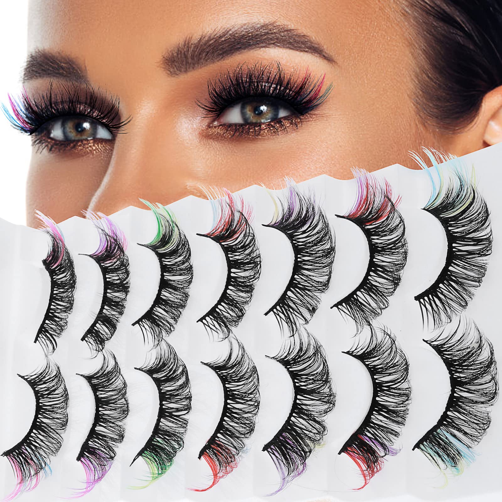 cobee Colored False Eyelashes, 7 Pairs Rainbow Fluffy Eye Lashes Wispy Mink Lashes Fake Eyelashes Natural Look Eye Lashes for Cosplay Party Festival