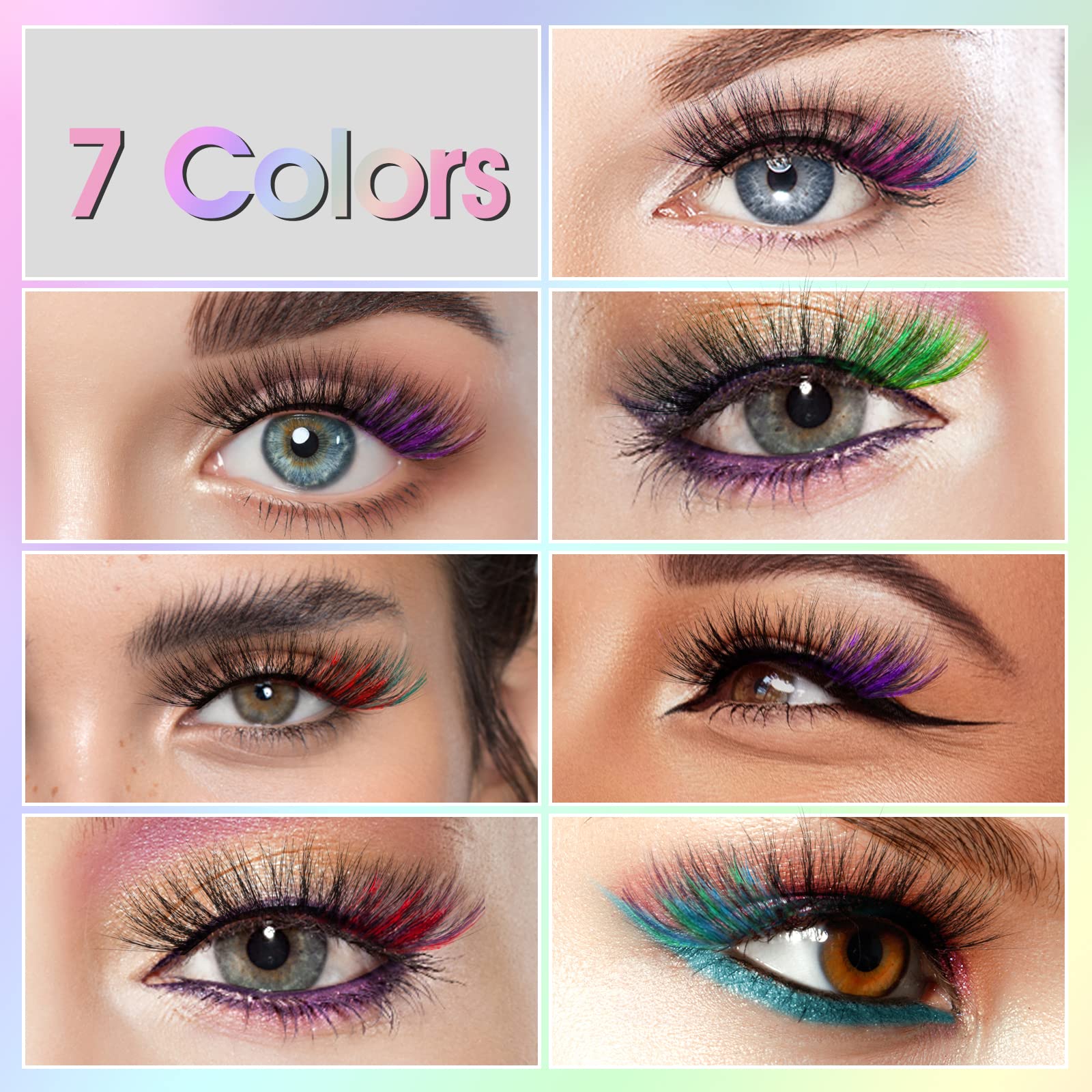 cobee Colored False Eyelashes, 7 Pairs Rainbow Fluffy Eye Lashes Wispy Mink Lashes Fake Eyelashes Natural Look Eye Lashes for Cosplay Party Festival