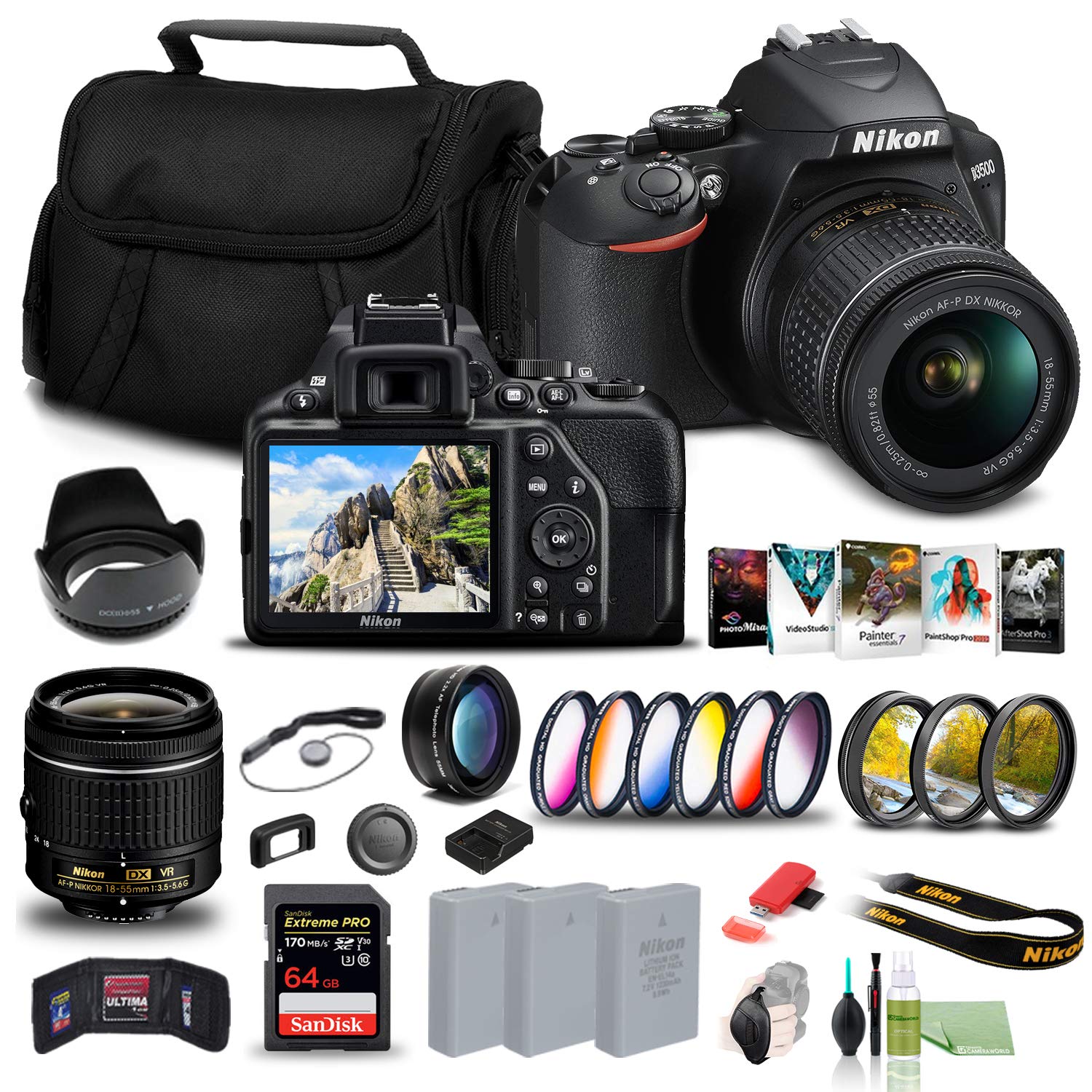 Nikon D3500 DSLR Camera with 18-55mm Lens (1590) + 64GB Card + 2 x EN-EL14a Battery + Corel Photo Software + Case + 3 Piece Filter Kit + Telephoto Lens + Color Filter Kit + More (Renewed)