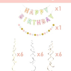 Happy Birthday Banner, Pastel Birthday Decorations, Pack of 20 include Birthday Banner, Garland, 18 Swirls with 3 Colors, Pastel Rainbow Party Decorations for Girls and Women