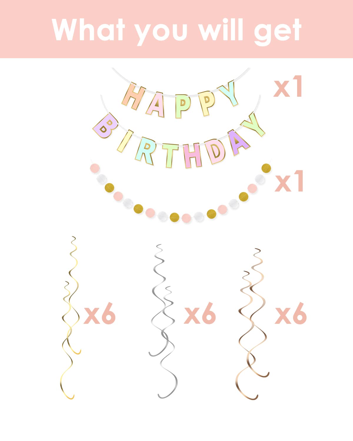 Happy Birthday Banner, Pastel Birthday Decorations, Pack of 20 include Birthday Banner, Garland, 18 Swirls with 3 Colors, Pastel Rainbow Party Decorations for Girls and Women