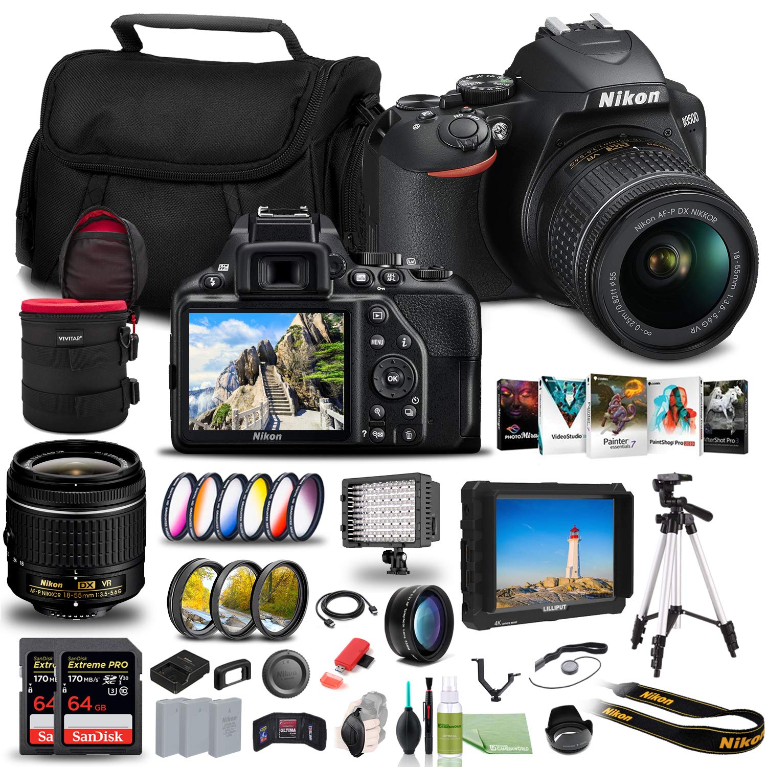 Nikon D3500 DSLR Camera with 18-55mm Lens (1590) + 4K Monitor + 2 x 64GB Cards + 2 x EN-EL14a Battery + Corel Photo Software + Pro Tripod + Case + 3 Piece Filter Kit + More (Renewed)