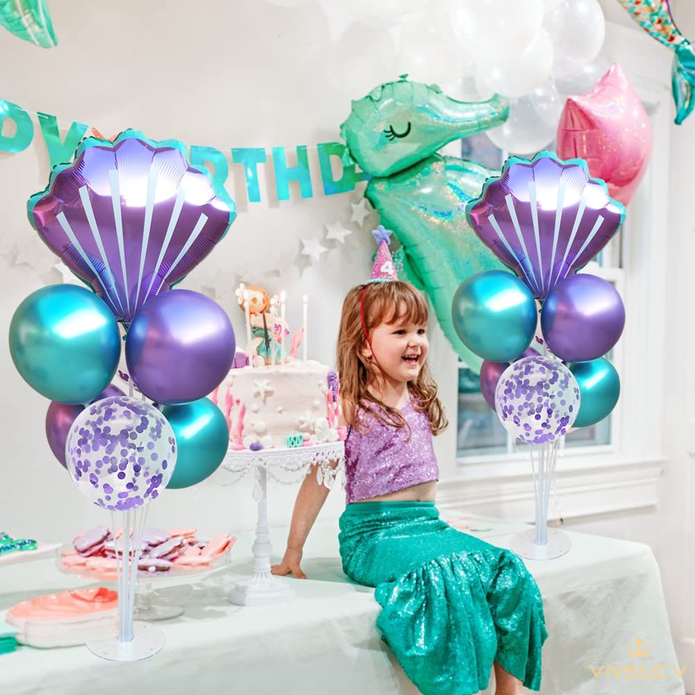 Mermaid Table Centerpiece Balloons Stand Kit 2 Sets with 2 Sea Shells Foil Balloons 14 Purple Blue Latex Balloons for Birthday Beach Mermaid Theme Sea Theme Party Mermaid Birthday Decorations