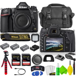 nikon d780 dslr camera (body only) 1618 with 2 extra batteries + large case + 2 sandisk extreme pro 64gb card + led light + 12" flex tripod + lens cleaning set + more (renewed)