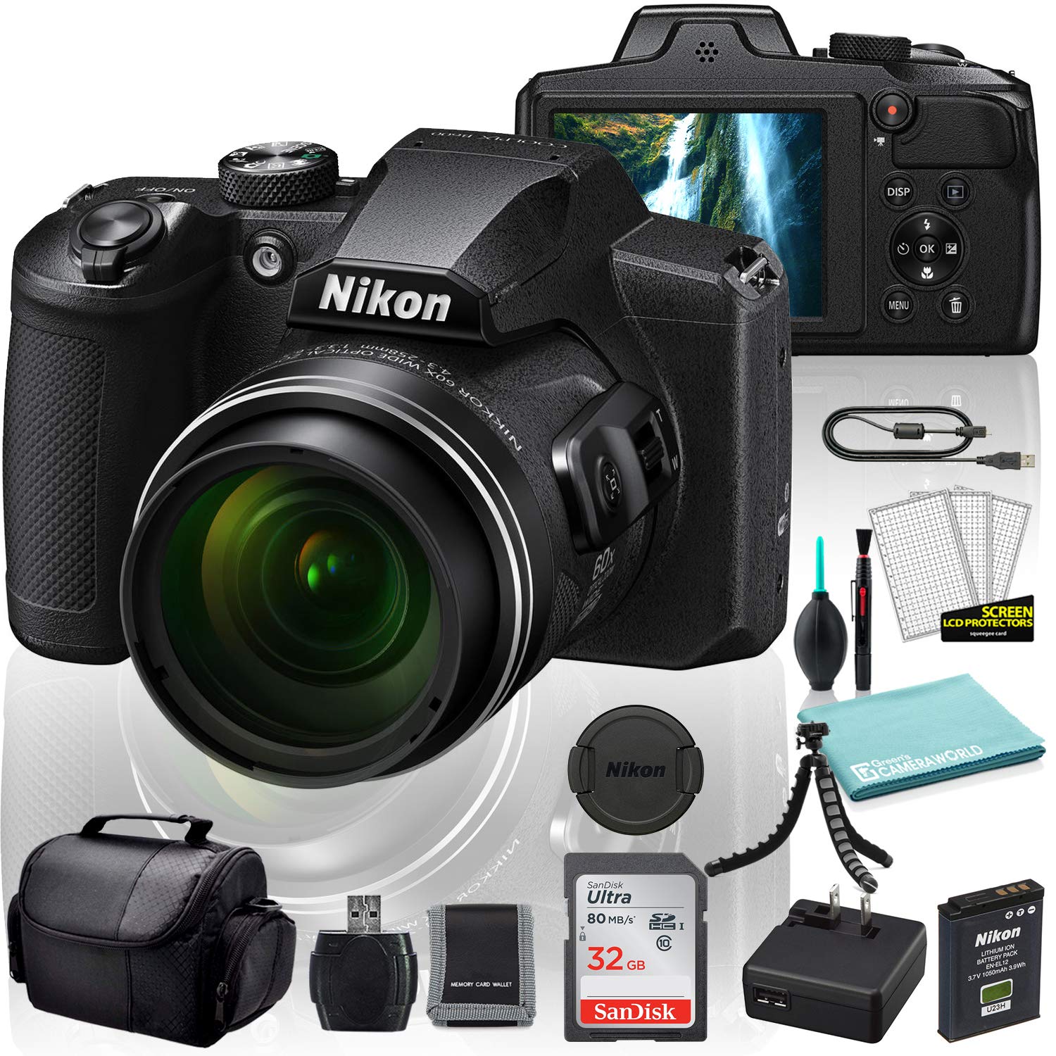 Nikon COOLPIX B600 Digital Camera (Black) (26528) + SanDisk 32GB Ultra Memory Card + Memory Card Wallet + Deluxe Soft Bag + 12 Inch Flexible Tripod + Deluxe Cleaning Set + USB Card Reader (Renewed)