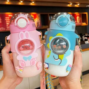 Kawaii Bear Water Bottle with Straw and Shoulder Strap, 25oz Cute Large Capacity Water Bottles with 3D Stickers for Girls, School(Pink)