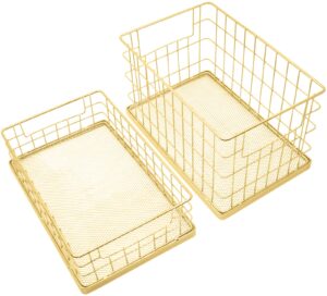 set of 2 stackable 10" metal wire storage basket bins with handles (gold woven mesh base)