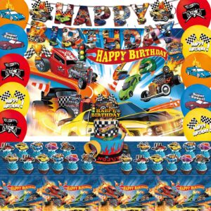 58 pcs hot car birthday party supplies,included banner,hanging swirls,tablecloth,cake topper,cupcake toppers,backdrop,balloon for boy and girl wheel party decorations