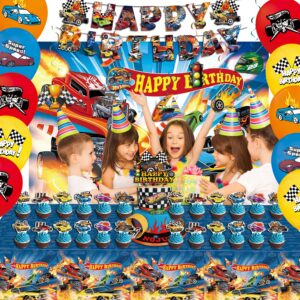 58 Pcs Hot Car Birthday Party Supplies,Included Banner,Hanging Swirls,Tablecloth,Cake Topper,Cupcake Toppers,Backdrop,Balloon for Boy and Girl Wheel Party Decorations