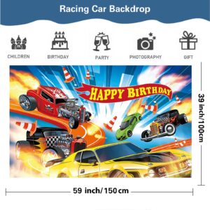 58 Pcs Hot Car Birthday Party Supplies,Included Banner,Hanging Swirls,Tablecloth,Cake Topper,Cupcake Toppers,Backdrop,Balloon for Boy and Girl Wheel Party Decorations