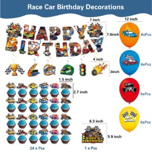 58 Pcs Hot Car Birthday Party Supplies,Included Banner,Hanging Swirls,Tablecloth,Cake Topper,Cupcake Toppers,Backdrop,Balloon for Boy and Girl Wheel Party Decorations