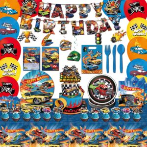 147 pcs hot car birthday party supplies,included banner,hanging swirls,tablecloth,cake topper,cupcake toppers,gift bag, invitation card,balloon,racing car tableware set for boy party decorations