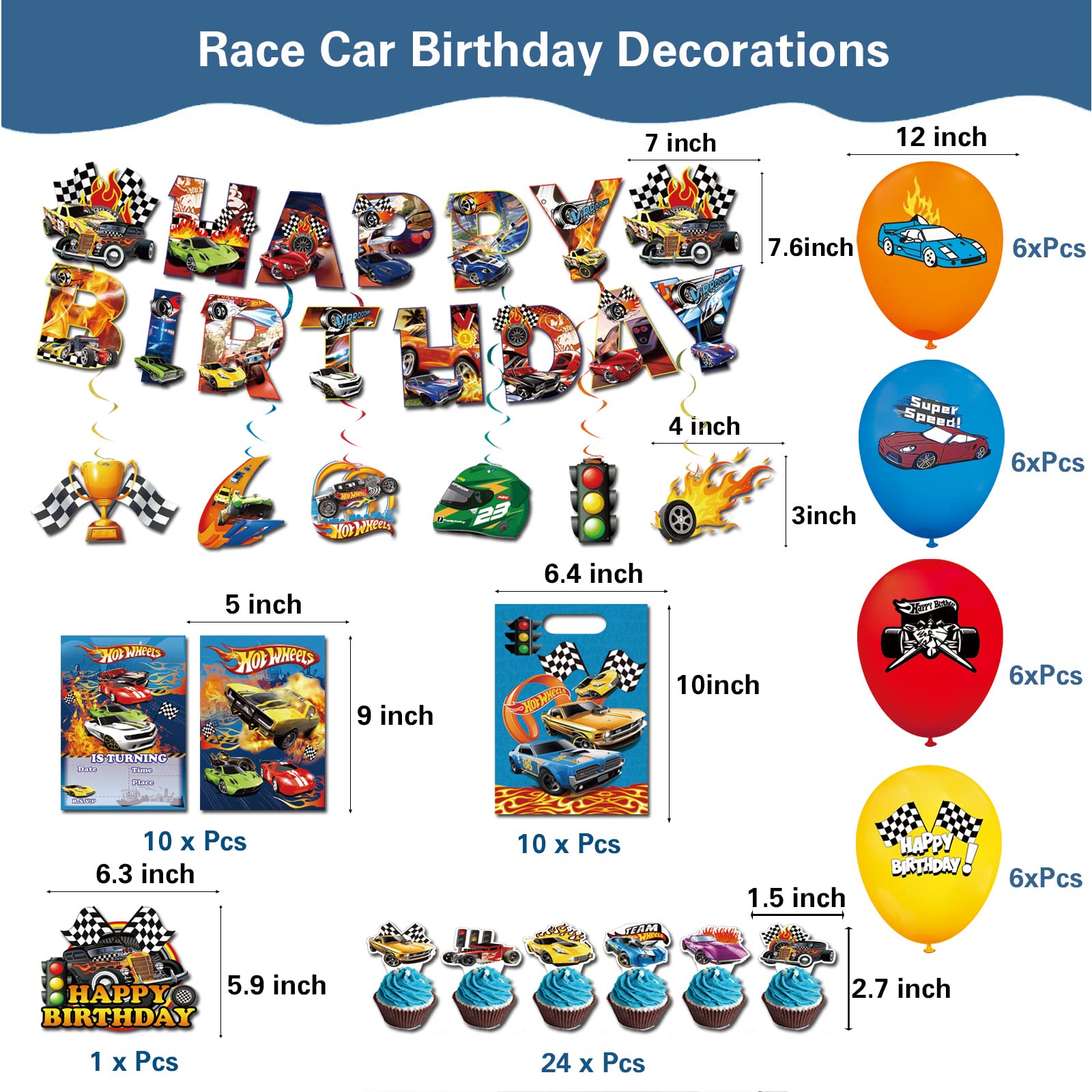 147 Pcs Hot Car Birthday Party Supplies,Included Banner,Hanging Swirls,Tablecloth,Cake Topper,Cupcake Toppers,Gift Bag, Invitation Card,Balloon,Racing Car Tableware Set for Boy Party Decorations