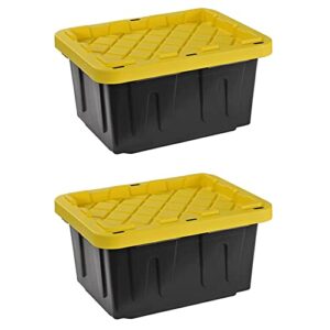 juggernaut storage multipurpose 5 gallon lockable plastic storage tote with secure snap fitting lid for home organization, black/yellow (set of 2)