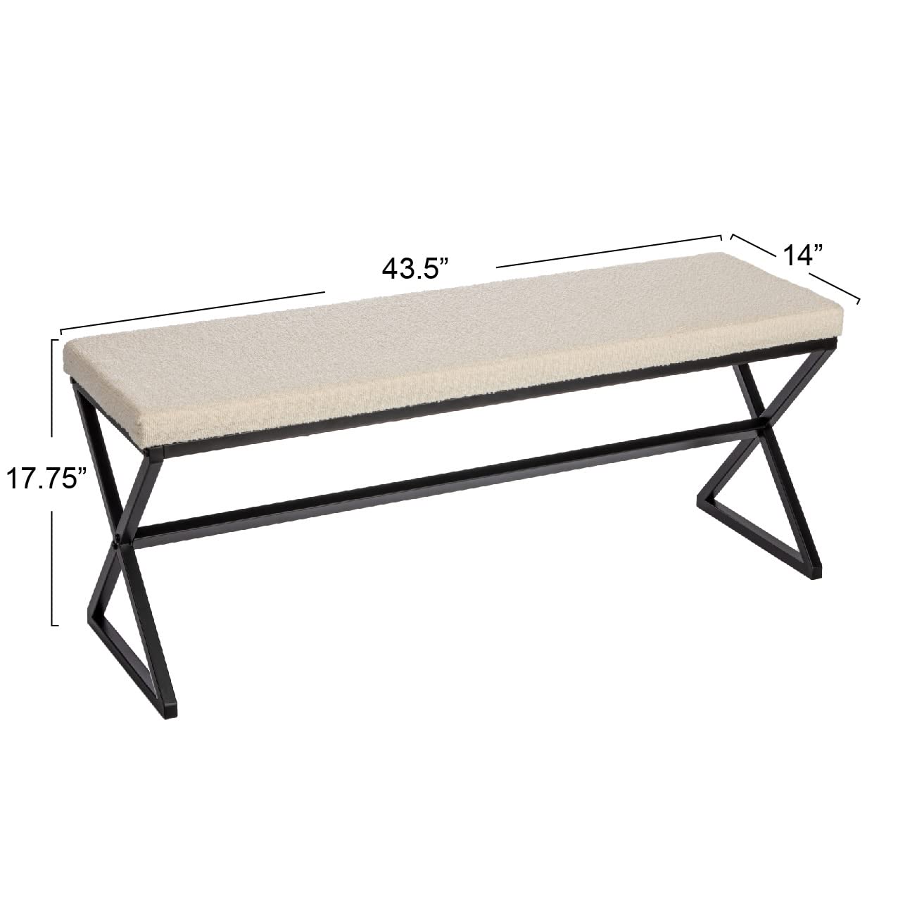 Household Essentials Harper Metal Bench with Boucle Upholstered Cushion, Cream and Black