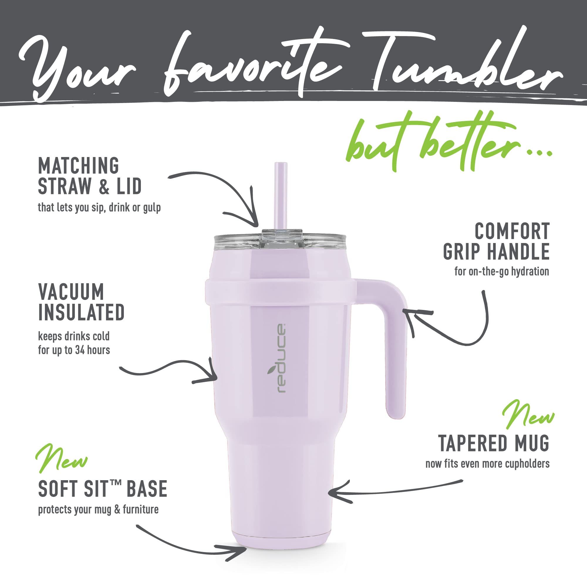 REDUCE Cold1 40 oz Tumbler with Handle - Vacuum Insulated Stainless Steel Water Bottle for Home, Office or Car, Reusable Mug with Straw or Leakproof Flip Lid, Keeps Drinks Cold All Day- Lilac Bud