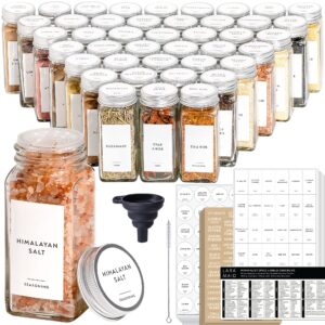 laramaid 4oz 63pack glass jars with 640 minimalist white vinyl spice labels, shaker lids dispenser with airtight silver metal caps, white pen, cleaning brush & collapsible silicone funnel