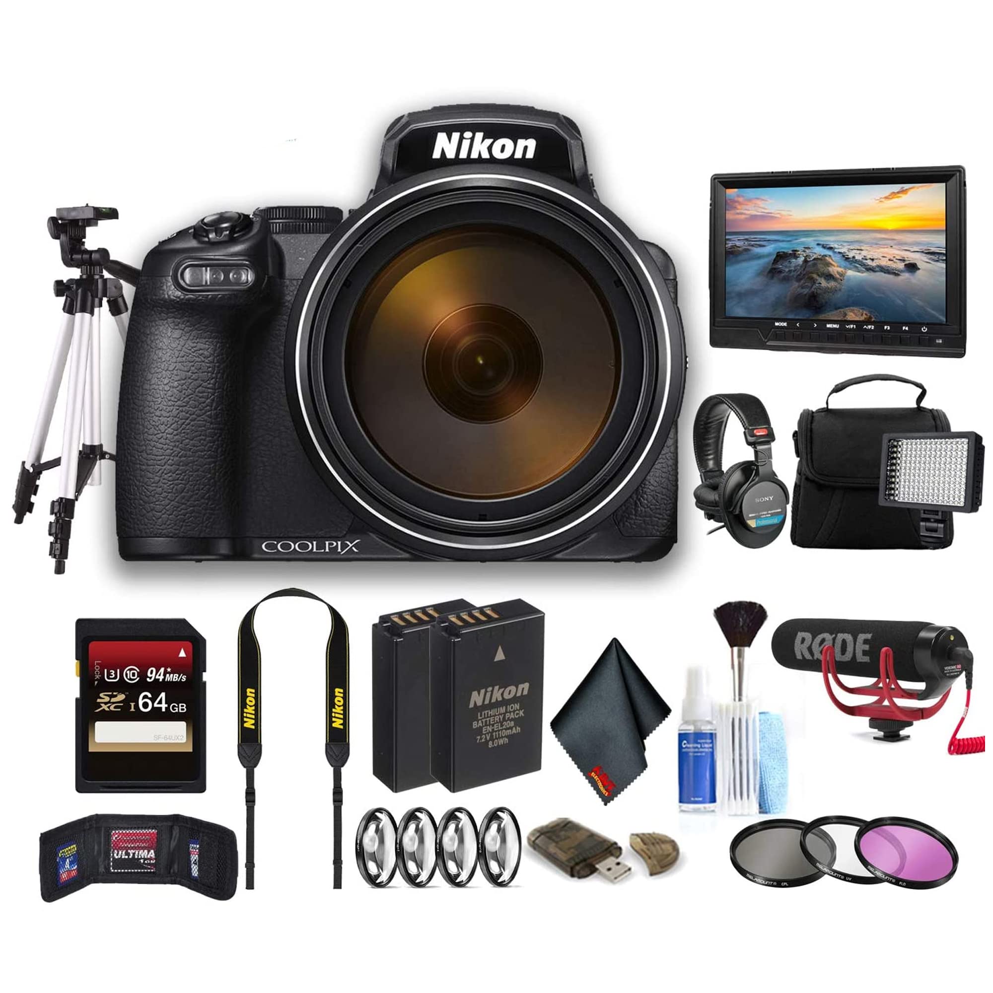 Nikon COOLPIX P1000 Digital Camera (26522) Professional Bundle with Bag, Extra Battery, LED Light, Mic, Filters, Tripod, Monitor and More - (International Model) (Renewed)