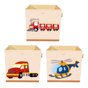 product 4 kids - washable toy box storage cube, canvas toy chest organizer foldable kids toy storage organizers for child's bedroom or playroom -13x13x13 inch (helicopter, train, excavator)