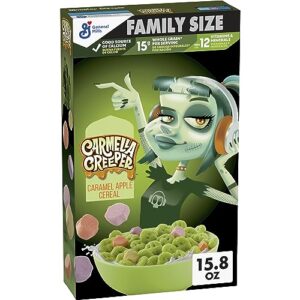 carmella creeper cereal with monster marshmallows, caramel apple flavored kids cereal, limited edition, made with whole grain, family size, 15.8 oz