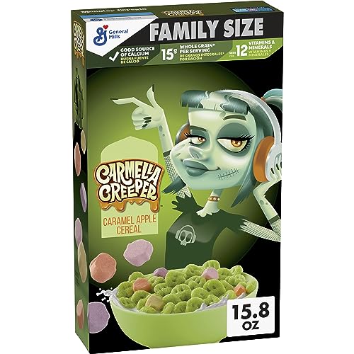 Carmella Creeper Cereal with Monster Marshmallows, Caramel Apple Flavored Kids Cereal, Limited Edition, Made with Whole Grain, Family Size, 15.8 oz