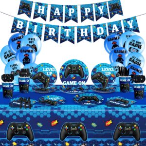 gamer birthday decorations video game birthday decorations for boys game on birthday party supplies game plates and napkins tablecloth blue gaming party decorations men kids girls level up party decor