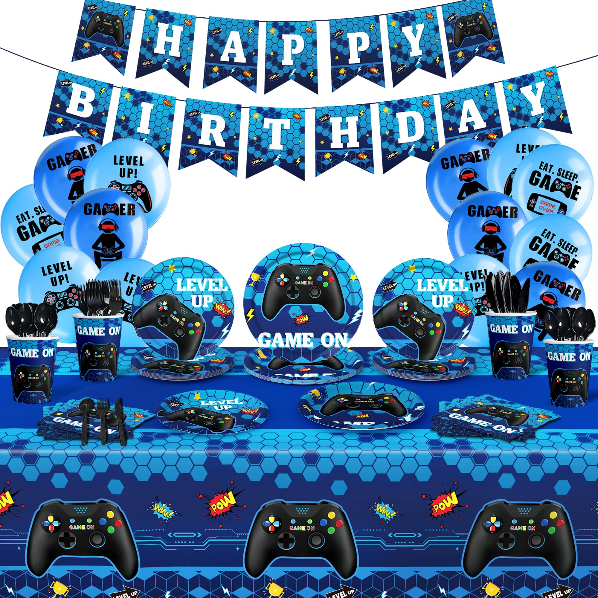 Gamer Birthday Decorations Video Game Birthday Decorations for Boys Game on Birthday Party Supplies Game Plates and Napkins Tablecloth Blue Gaming Party Decorations Men Kids Girls Level Up Party Decor