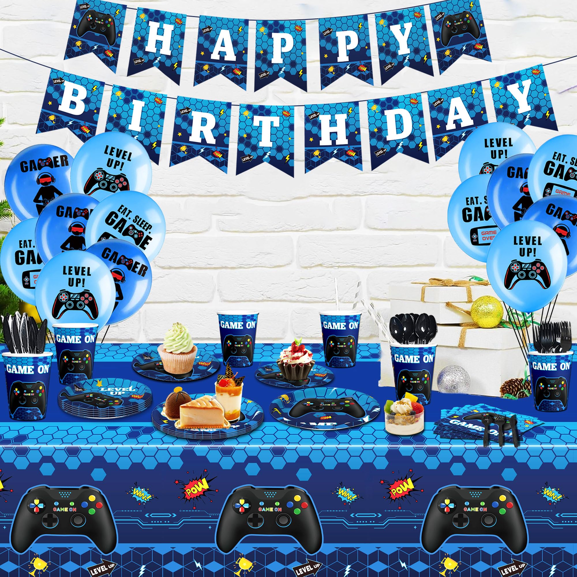 Gamer Birthday Decorations Video Game Birthday Decorations for Boys Game on Birthday Party Supplies Game Plates and Napkins Tablecloth Blue Gaming Party Decorations Men Kids Girls Level Up Party Decor