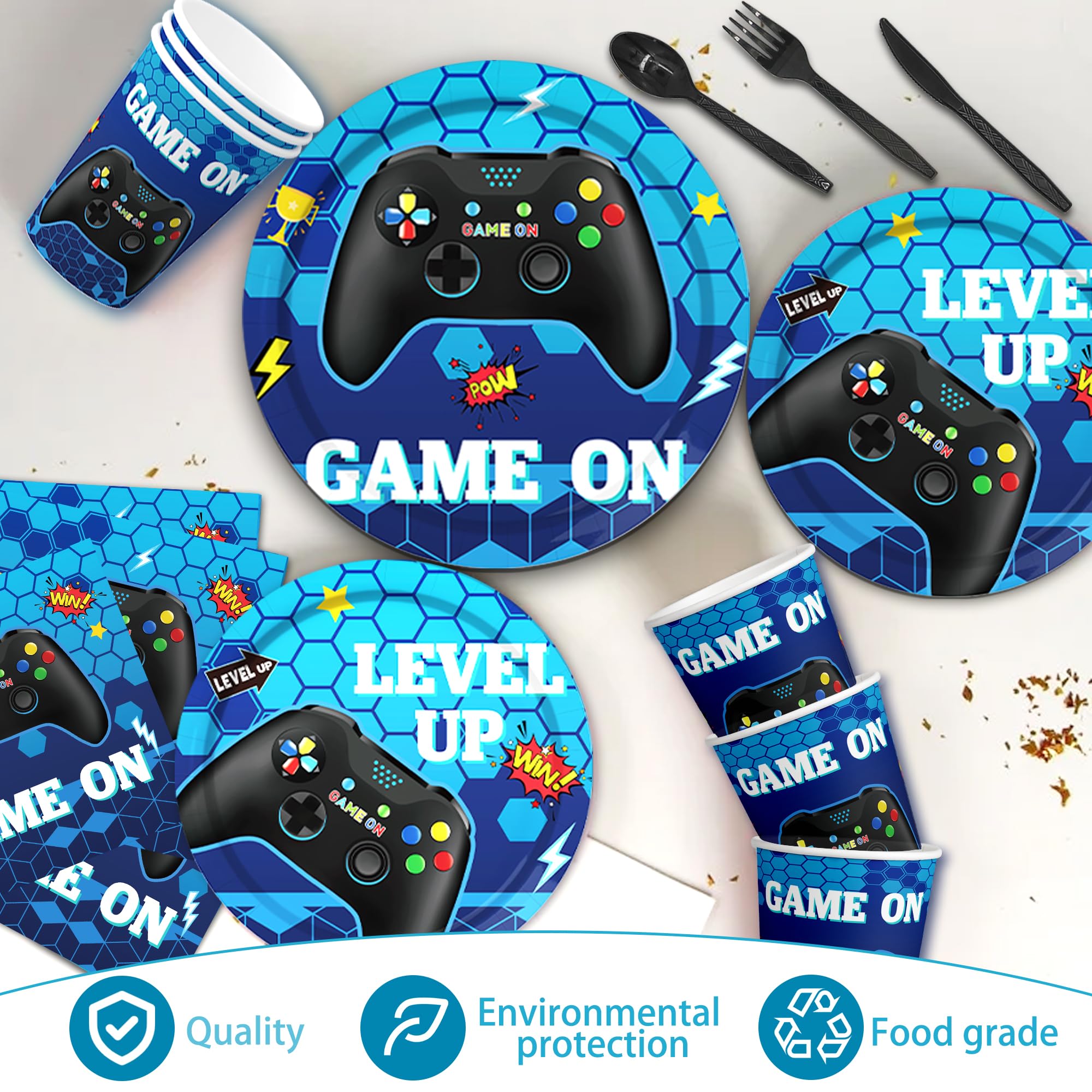 Gamer Birthday Decorations Video Game Birthday Decorations for Boys Game on Birthday Party Supplies Game Plates and Napkins Tablecloth Blue Gaming Party Decorations Men Kids Girls Level Up Party Decor