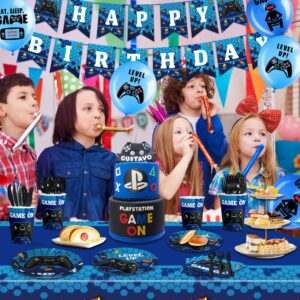 Gamer Birthday Decorations Video Game Birthday Decorations for Boys Game on Birthday Party Supplies Game Plates and Napkins Tablecloth Blue Gaming Party Decorations Men Kids Girls Level Up Party Decor