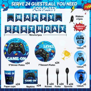 Gamer Birthday Decorations Video Game Birthday Decorations for Boys Game on Birthday Party Supplies Game Plates and Napkins Tablecloth Blue Gaming Party Decorations Men Kids Girls Level Up Party Decor