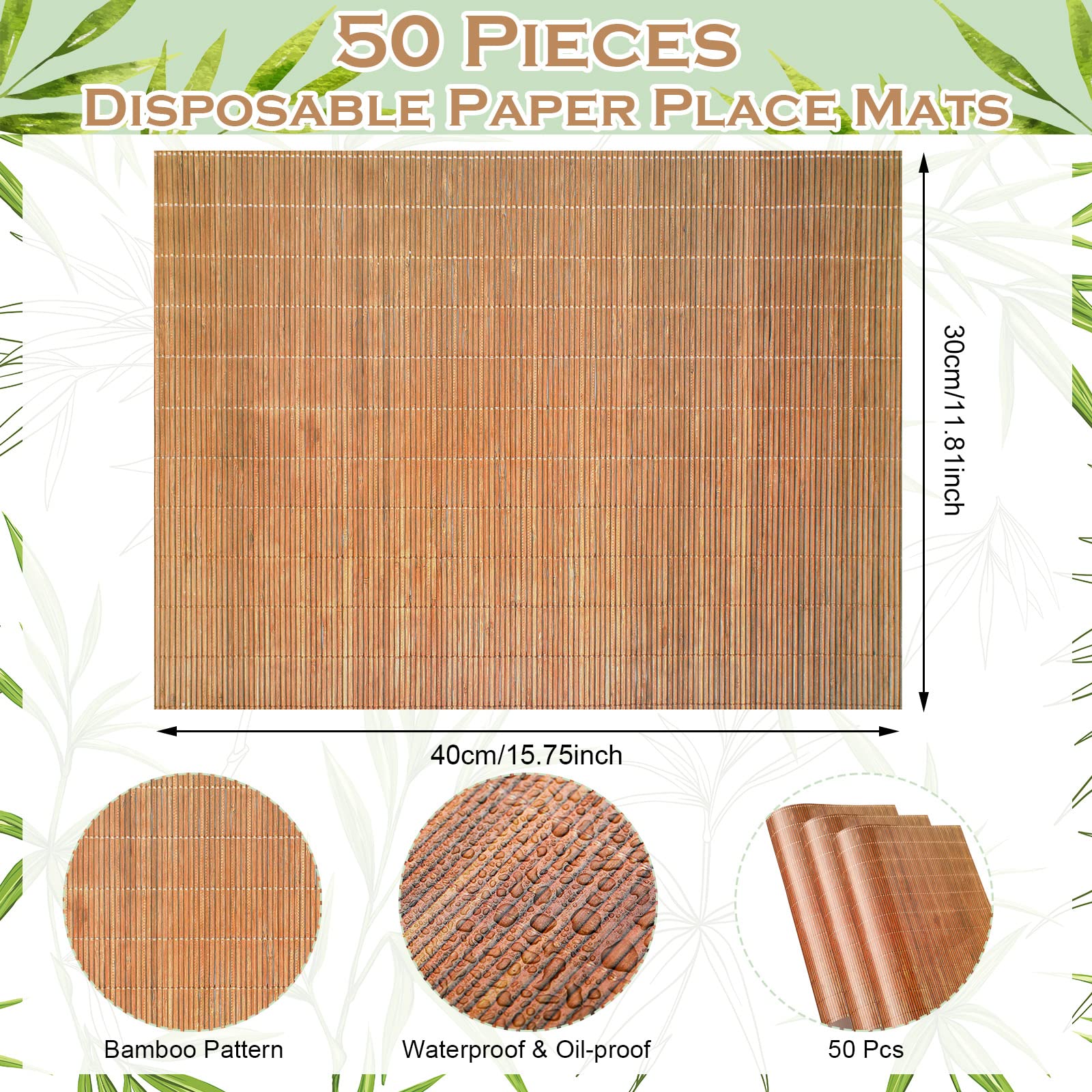 50 Pcs Disposable Bamboo Paper Placemats 12 x 16 Inch Farmhouse Table Mat Natural Brown Sushi Rolling Place Mat Rectangle Mat for Table Dining Kitchen