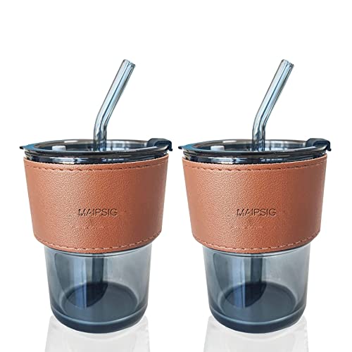 MAIPSIG Glass Iced Coffee Cup，Glass Tumbler With Lid and Glass Straw Carry on，13.5 oz Iced Coffee Glass Cup, Tumbler Cup for Smoothie, Boba Tea, Whiskey, Water, BPA Free