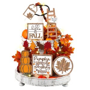 13 pcs fall tiered tray decor set thanksgiving pumpkin gnome rustic farmhouse decor fall decor autumn harvest decorative trays wooden tabletop signs for home kitchen (rustic style)