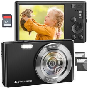 4k digital camera, 48mp compact camera autofocus 16x digital zoom portable camera for boys, girls,adult,beginners (with 32gb sd card and 2 battery)