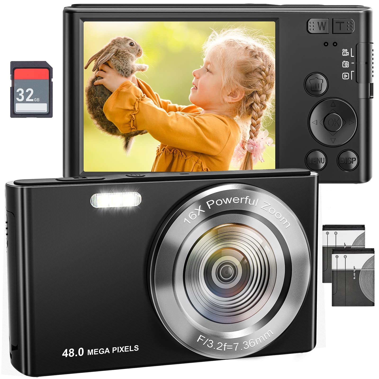 4K Digital Camera, 48MP Compact Camera Autofocus 16X Digital Zoom Portable Camera for Boys, Girls,Adult,Beginners (with 32GB SD Card and 2 Battery)