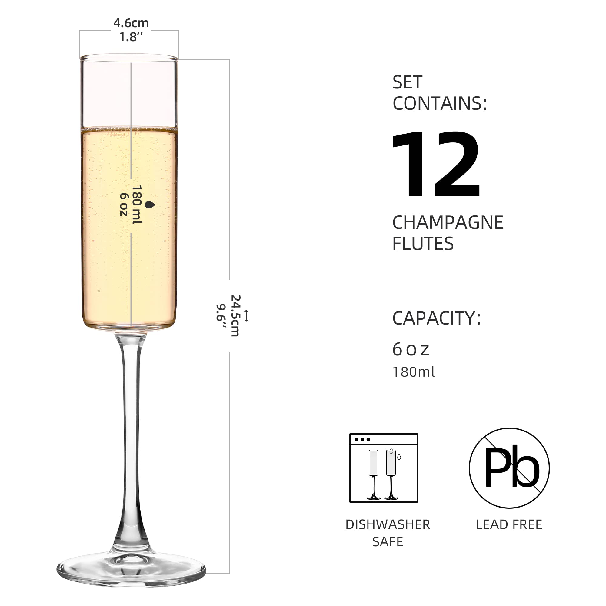 YANGNAY Cylinder Champagne Flutes, Champagne Flute Glass Set of 12, Clear Champagne glasses for Party, Home, Restaurant Use, 6 oz Capacity