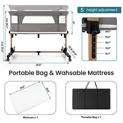 Homcosan 3 in 1 Bassinet Bedside Sleeper with Wheels Portable Baby Cradle Bassinet with Mattress 5 Heights Adjustable Baby Bassinet