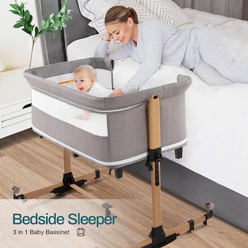 Homcosan 3 in 1 Bassinet Bedside Sleeper with Wheels Portable Baby Cradle Bassinet with Mattress 5 Heights Adjustable Baby Bassinet