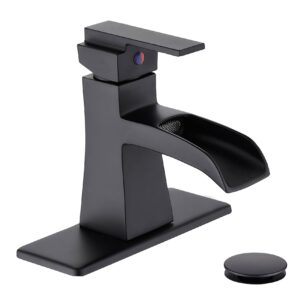 sanliv black waterfall bathroom faucet, one-handle bathroom faucets for sink 1 or 3 hole, matte black vanity faucet, single hole restroom sink faucet with pop up drain