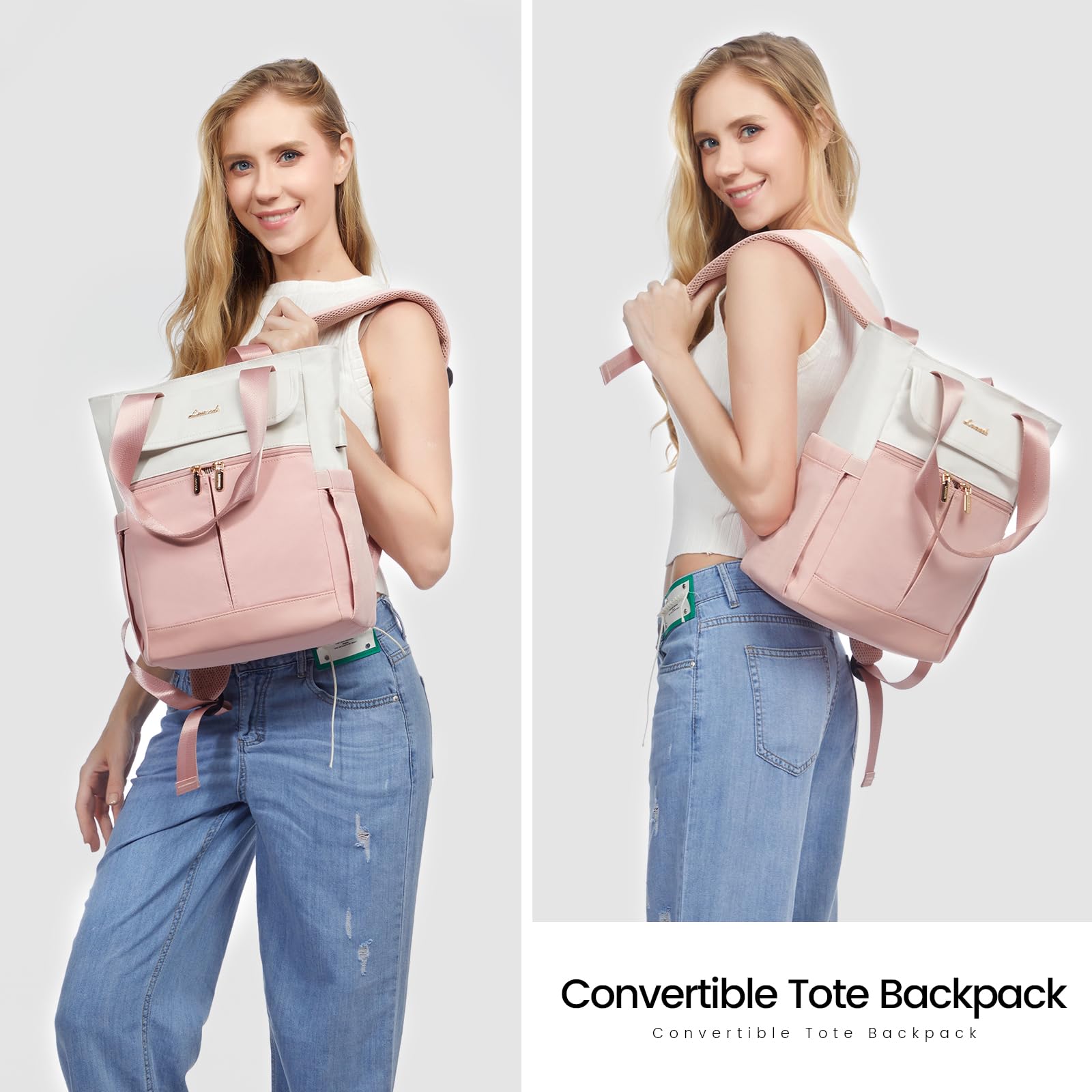 LOVEVOOK Backpack Purse for Women, Convertible Small Backpack Tote for Woman, Mini College Daypack for Work, Daily, Travel, 2pcs set, Beige-Pink