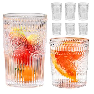boatdid vintage drinking glasses tumbler set of 6,embossed water glasses cocktail,juice,beer,iced coffee,clear glassware for kitchen,thick & heavy glass highball glasses with heavy base 12oz/9oz