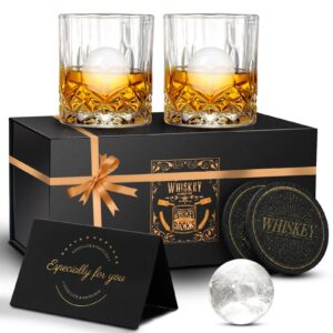 dioxadop whiskey glasses set of 2, 10 oz old fashioned tumblers with 2 round big ice ball molds, bourbon glasses for drinking scotch whisky cocktail cognac vodka gift for men women at home bar