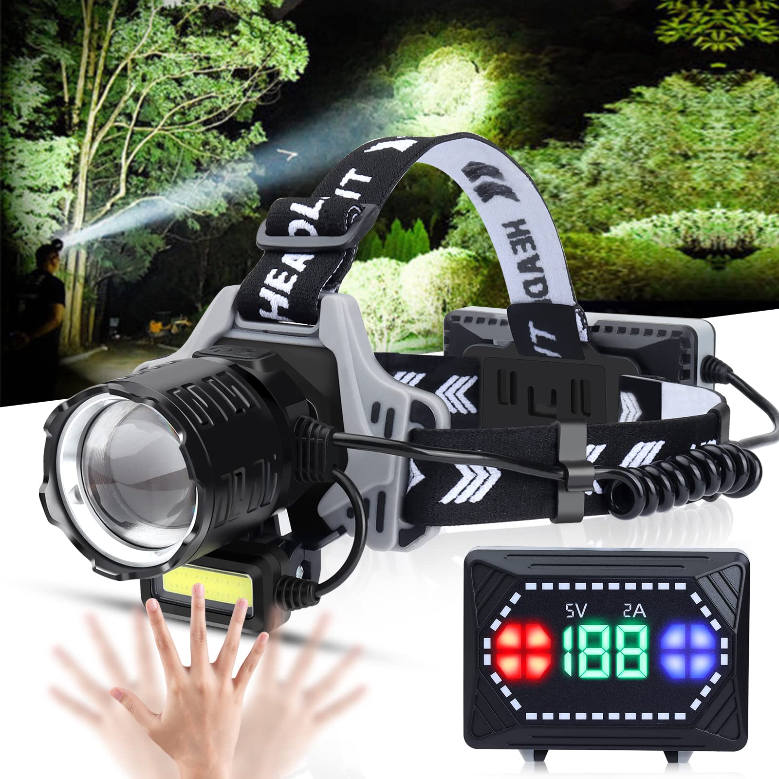 Bud K Rechargeable LED Headlamp, 120000 Lumens Super Bright Headlamp Flashlight with Motion Sensor, 8 Modes, 135°Adjustable, IPX7 Waterproof Head Lamp for Camping, Running, Climbing, Hiking