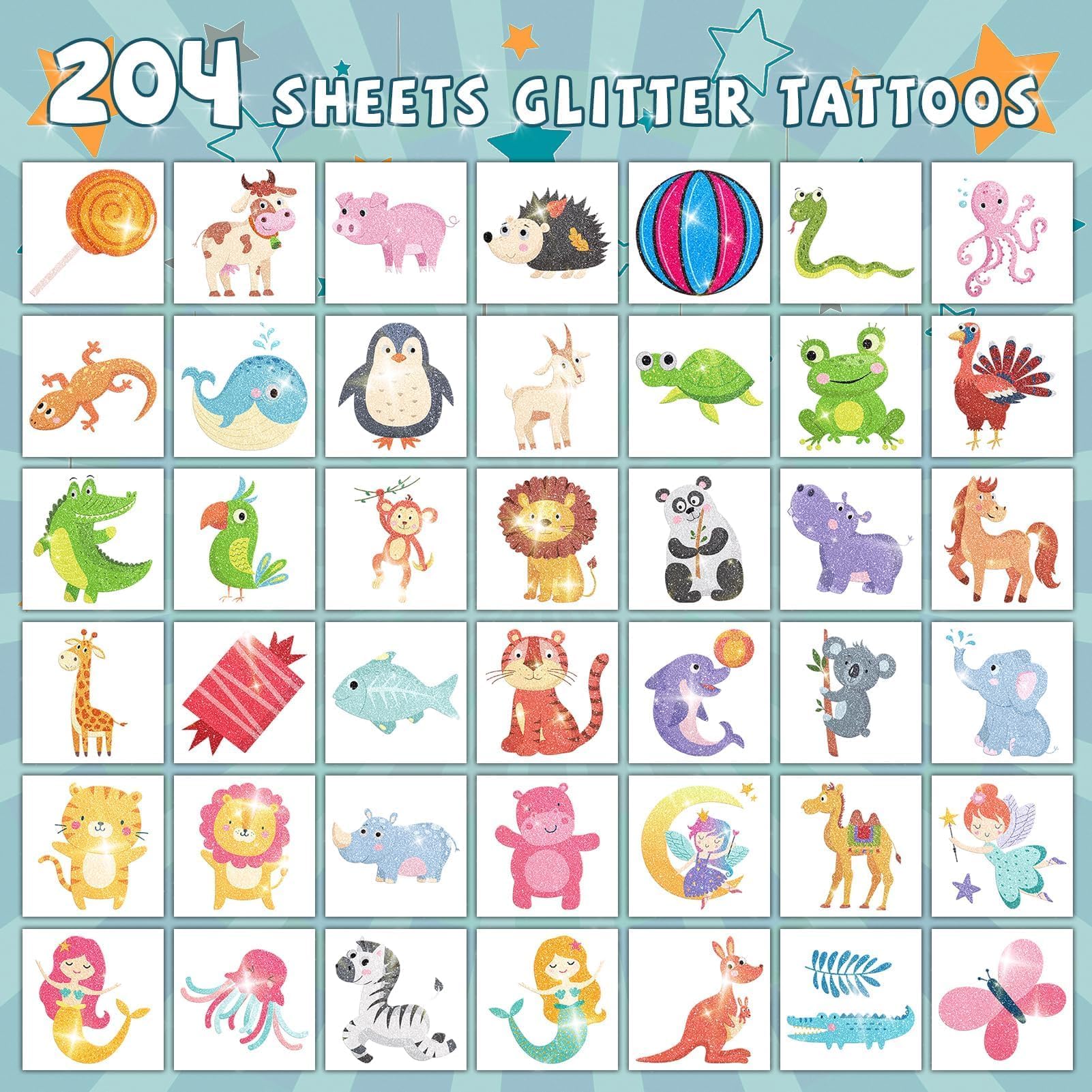 EMOME 204 Sheets Glitter Tattoos for Kids,Individually Wrapped Kids Temporary Tattoos for Girls Boys, Party Favors Birthday Supplies Goodie Bags Stuffers for Kids